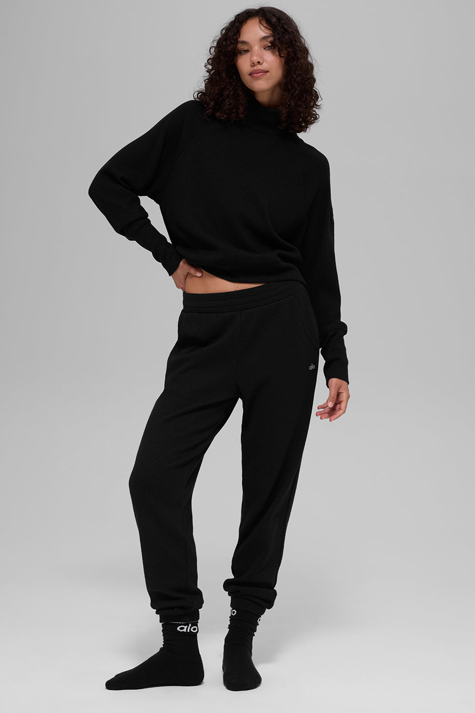 Waffle Weekend Escape Mock Neck Long Sleeve - Black